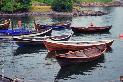 Wooden Boats in the Water  in Oslo Norway. 