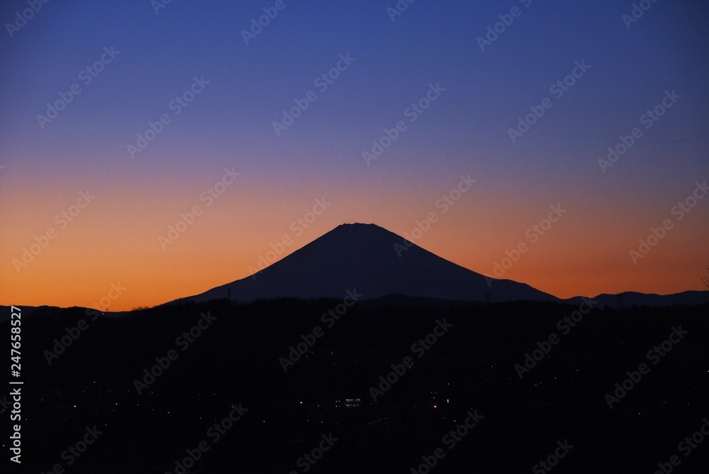 Mt.Fuji and its mountain range sunset silhouette