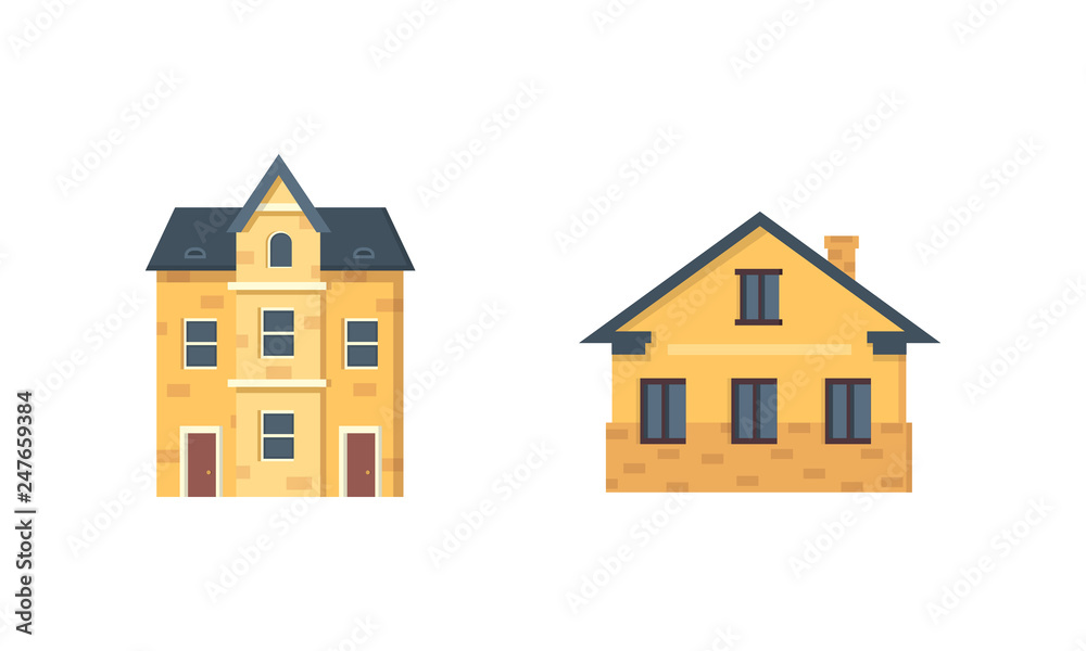 suburban private houses. House exterior. Vector urban building icons set.