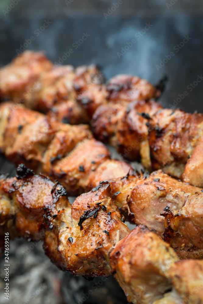 Barbecue.Juicy pieces of meat on skewers