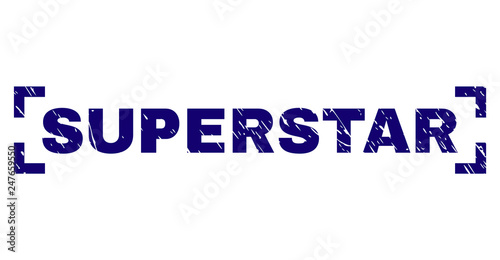 SUPERSTAR text seal stamp with grunge texture. Text caption is placed inside corners. Blue vector rubber print of SUPERSTAR with unclean texture.