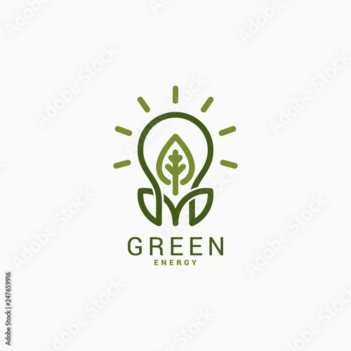 Light bulb with green leaf. Green energy logo.