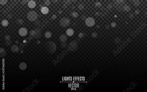Light effect. Falling snow effect isolated on transparent background. Abstract blurred lights bokeh. Snowflakes flying sideways. Vector illustration