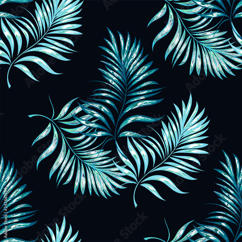 Seamless pattern of a tropical palm tree  jungle leaves. Vector floral pattern.