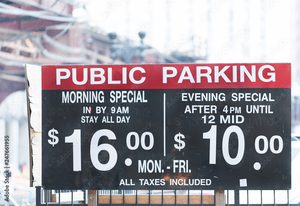 Public parking rates display in downtown Chicago, USA