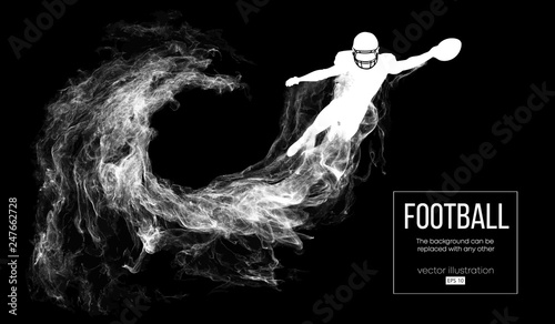 Abstract silhouette of a american football player on dark black background from particles, dust, smoke, steam. Football player jumping with ball. Rugby. Background can be changed to any other. Vector