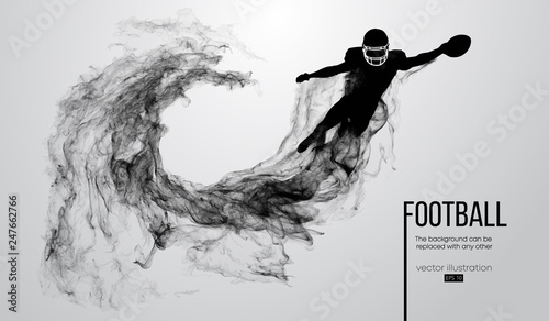 Abstract silhouette of a american football player on white background from particles, dust, smoke, steam. Football player jumping with ball. Rugby. Background can be changed to any other. Vector