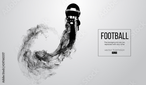 Abstract silhouette of a american football helmet on white background from particles, dust, smoke, steam. Football player holds helmet. Rugby. Background can be changed to any other. Vector