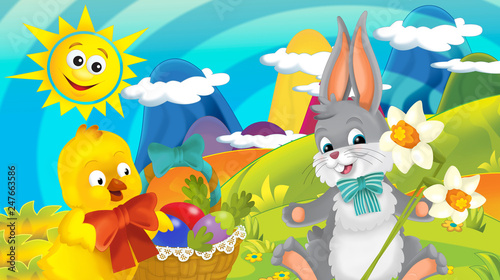 cartoon happy easter rabbit and chick with beautiful flowers on nature spring background - illustration for children