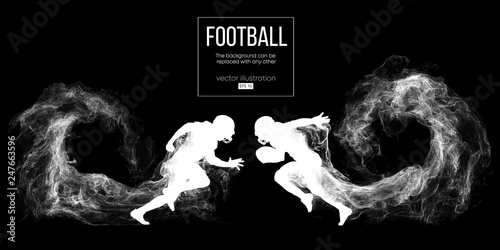 Abstract silhouette of a american football player on dark black background from particles, dust, smoke, steam. Football player running with ball. Rugby. Background can be changed to any other. Vector