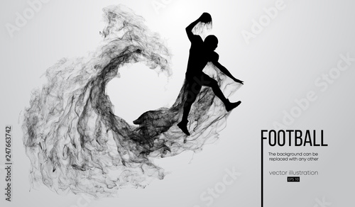 Abstract silhouette of a american football player on white background from particles, dust, smoke, steam. Football player jumping with ball. Rugby. Background can be changed to any other. Vector