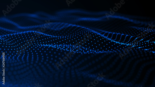 Virtual waveform of particles in blue space. Big data visualization. Science. Futuristic polygonal background. Business. 3D rendering.