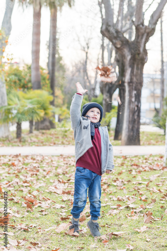 Child throwing fallen autumn leaves in the air. Child throwing fallen autumn leaves in the air.