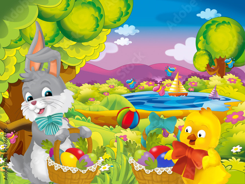 cartoon happy easter rabbit and chick with beautiful easter eggs in basket on nature spring background - illustration for children