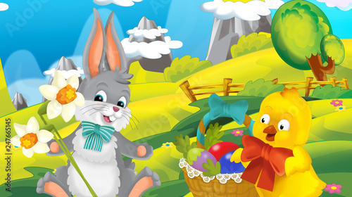 Fototapeta Naklejka Na Ścianę i Meble -  cartoon happy easter rabbit and chick with beautiful flowers on nature spring background - illustration for children