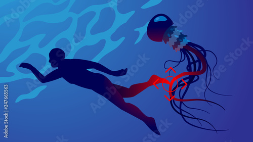 Bilde på lerret Dangerous jellyfish stung the swimmer, it is pain, poison, inflammation, danger