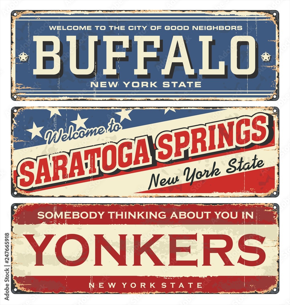 custom made wallpaper toronto digitalVintage city label. Vintage tin sign collection with US cities. Buffalo. Saratoga. Yonkers. New York. Retro souvenirs or postcard templates on rust background in New York state.