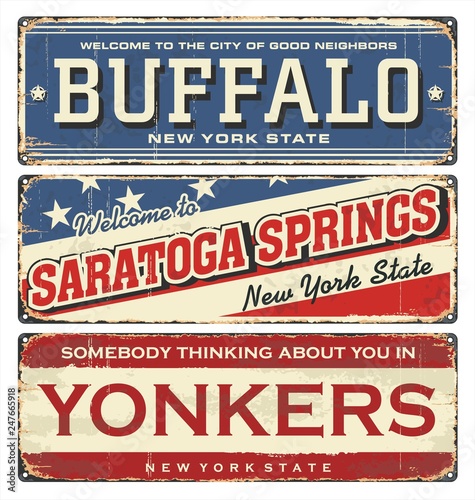 Vintage city label. Vintage tin sign collection with US cities. Buffalo. Saratoga. Yonkers. New York. Retro souvenirs or postcard templates on rust background in New York state.