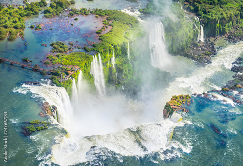 Beautiful aerial view of Iguazu Falls from the helicopter ride, one of the Seven Natural Wonders of the World - Foz do Iguaçu, Brazil