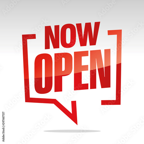 Now Open in brackets speech red white isolated sticker icon banner