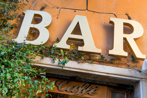 Photography Bar and Cafe sign on local restaurant in Trastevere, bohemian part of Rome, Ital