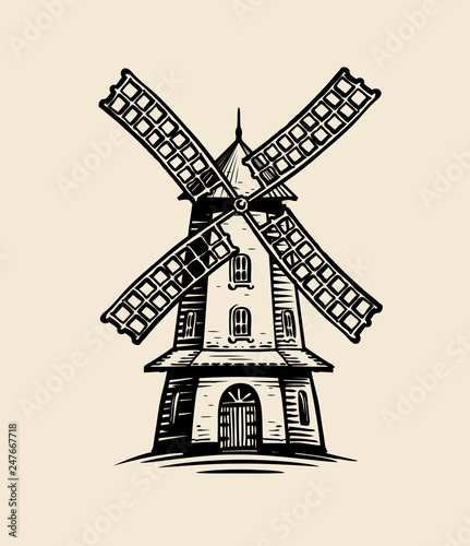 Windmill logo or label. Agriculture, farm, bakery sketch. Vintage vector illustration