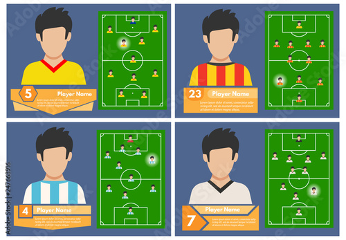 Set of four football players with a position on the field where they play