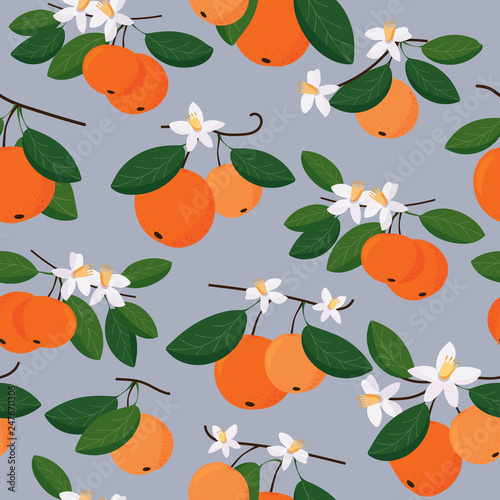 Seamless pattern with mandarins, blooming mandarins branches  