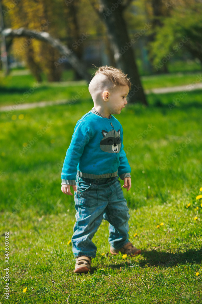 Little boy plays ball. Child on background of grass and trees. Little boy plays ball. Child on background of grass and trees.