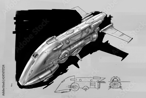 Fototapeta Naklejka Na Ścianę i Meble -  Concept art design drawing of sci-fi or science fiction spaceship.