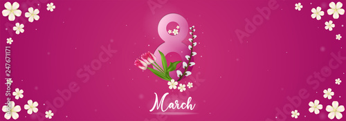 March 8 horizontal banner with tulips and willow on a pink background