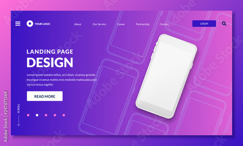 Landing page, banner template. White smartphone 3d illustration, mockup for mobile interface. Vector layout design