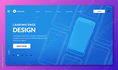 Blue 3d smartphone illustration, mockup for mobile interface, landing page or web banner. Vector layout design elements