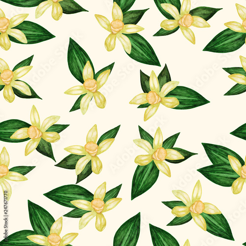 Seamless watercolor background with flowers and vanilla leaves on beige background