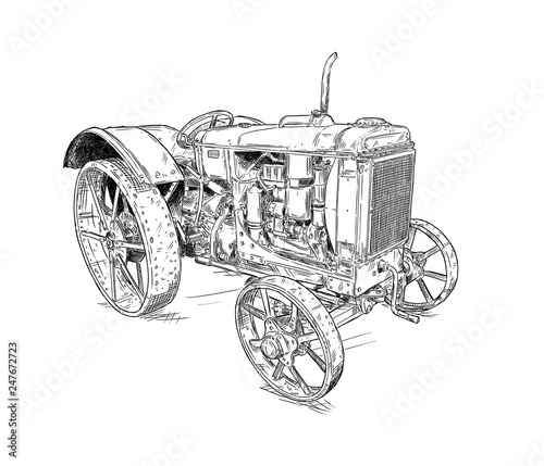 Old vintage tractor digital pen and ink illustration. Tractor was made in Chicago, Illinois, United States or USA from 1938 to 1939 or 30's. photo