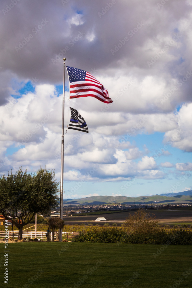 US and Blue Line Flag over Livermore Vineyards
