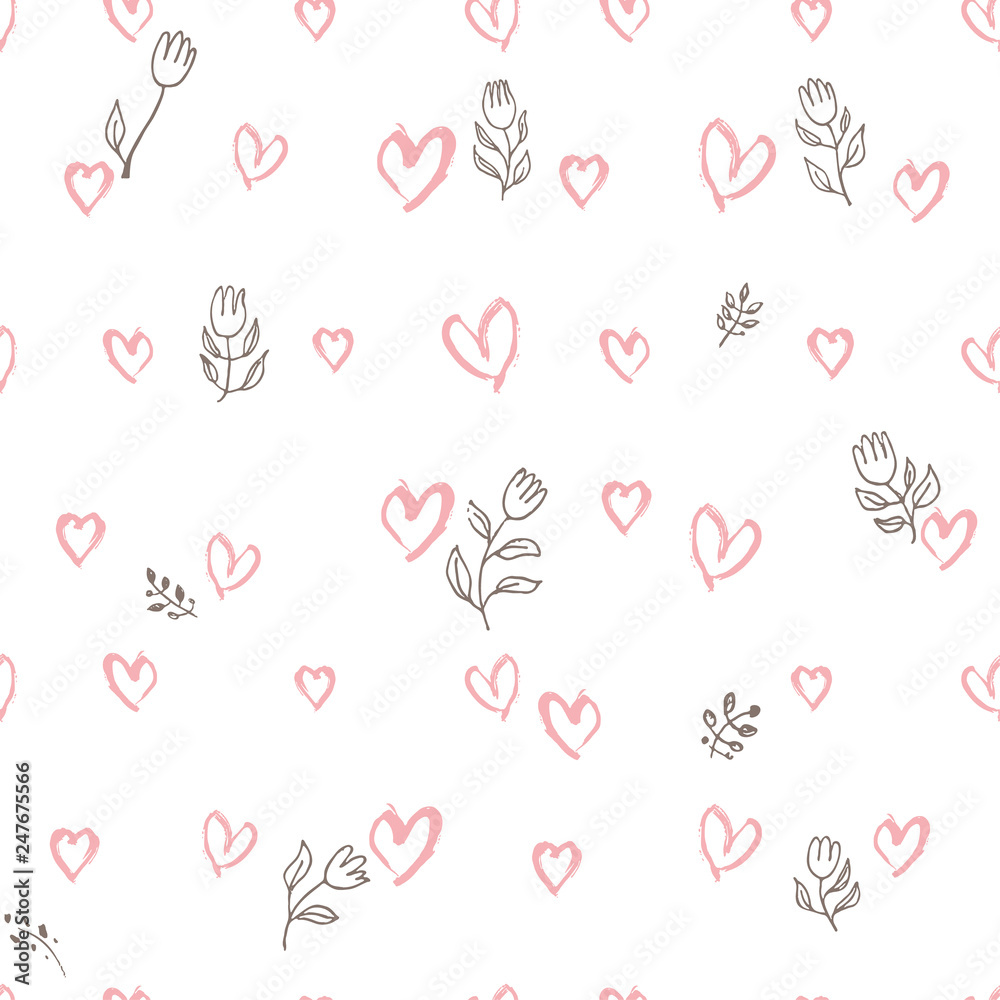 Seamless pattern of hand drawing hearts and tulips. A simple modern background for romantic design. Doodle pink hearts and line-art flowers are carelessly scattered over white.