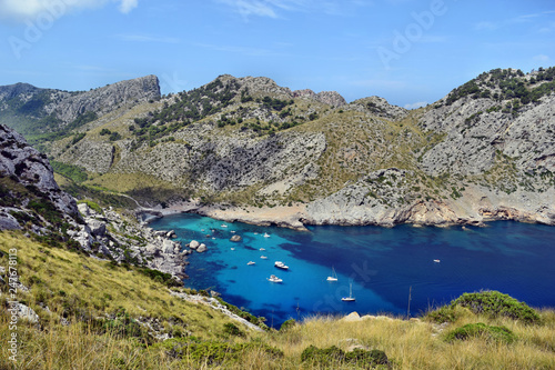 Beautiful sea bay with turquoise water, beach and mountains, Cala Figuera on Cap Formentor, Mallorca