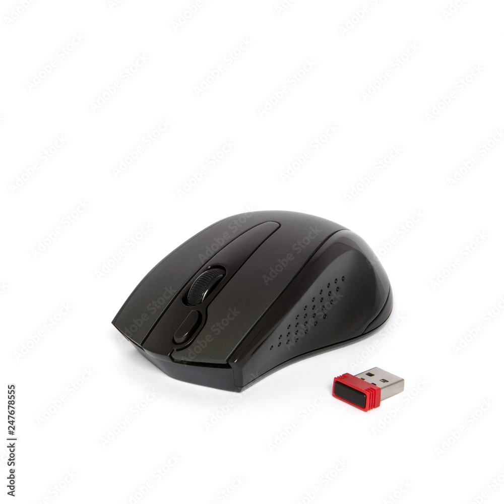 Black computer mouse on white background, wireless, optical, isolated, close-up Black computer mouse on white background, wireless, optical, isolated, close-up
