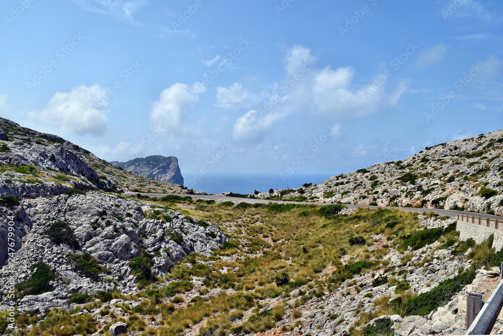 Open coastal road winding through to lighthouse Cap Formentor