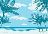 Beautiful seaside beach. Sea, sand, palm silhouette. Retro style drawing.