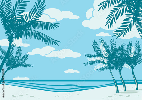 Beautiful seaside beach. Sea, sand, palm silhouette. Retro style drawing.