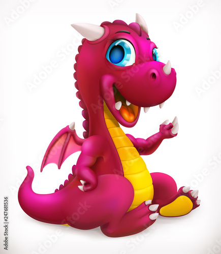 Fotografie Little red dragon cartoon character. Funny animal, 3d vector icon