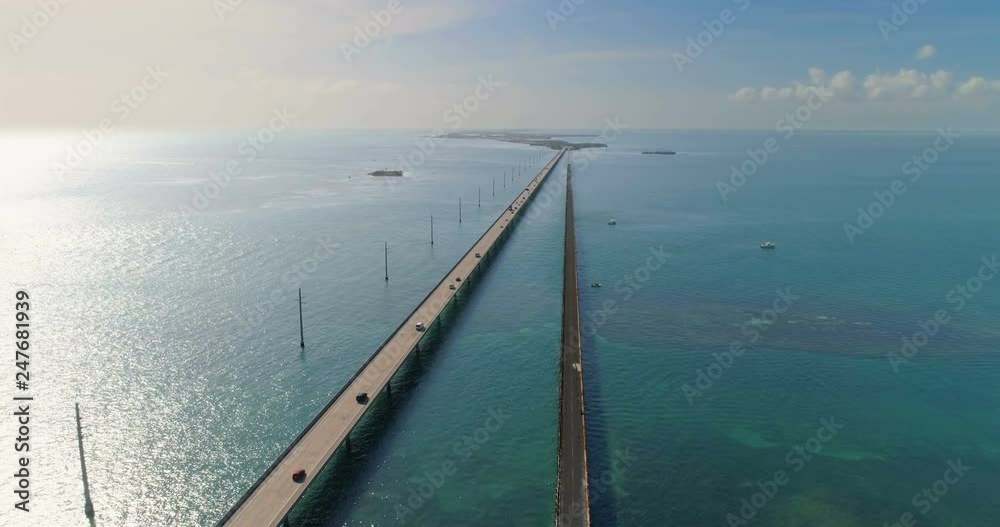 Aerial view of Seven Miles Bridge, Florida Keys, USA. Sun reflections on the water Aerial view of Seven Miles Bridge, Florida Keys, USA. Sun reflections on the water