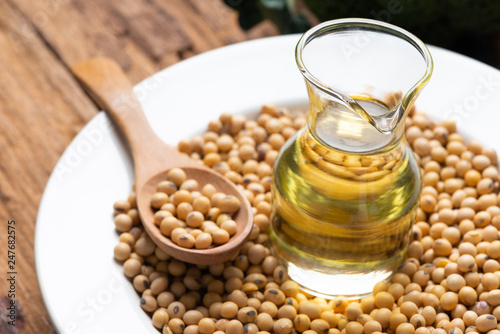 Soy bean and soy oil on  table
