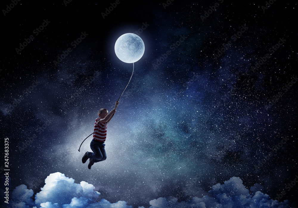 Boy holds the moon . Mixed media