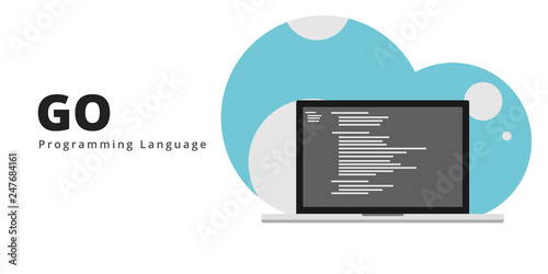 Learn to code GO LANG programming language with script code on laptop screen, programming language code illustration - Vector