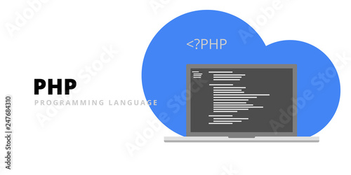 Learn to code PHP web programming language with script code on laptop screen, php framework programming language code illustration - Vector