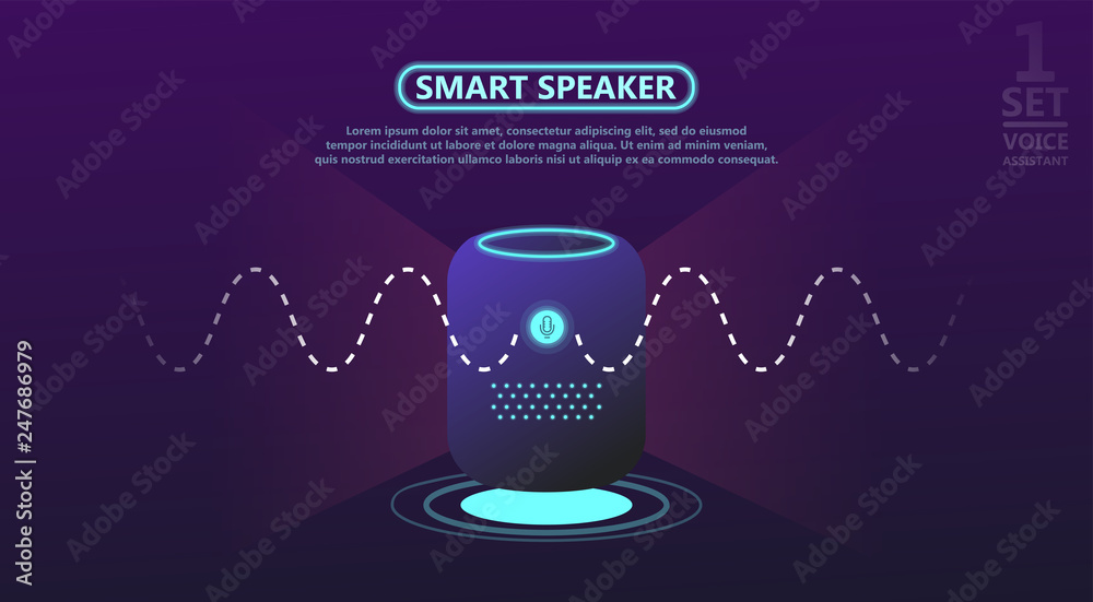 Personal assistant, smart speaker with title voice assistant. Voice activated digital assistants and customer self customer concept. Smart speaker reports the news, answers questions. Website template