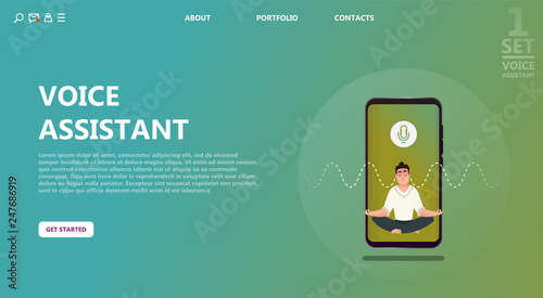 Character voice assistant listens to user commands to play music, answer questions. Virtual person is friend inside a smartphone. Smart speaker, voice command device with integrated virtual assistant